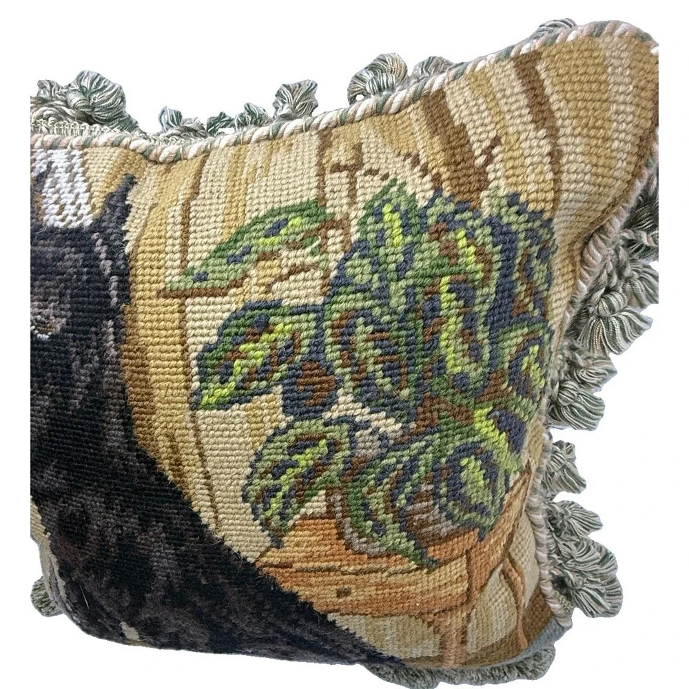 Vintage Scottie Dog Wool Needlepoint Pillow Velvet Tassel English Country 13x13